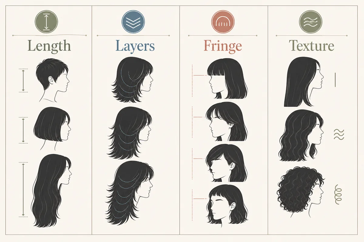 Editorial chart showing length, layers, fringe, and texture as haircut naming clues