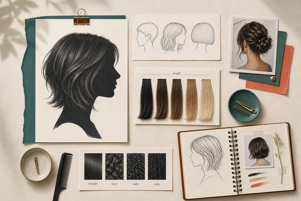 Editorial mood board showing hairstyle silhouettes, length swatches, and texture clues for identifying a haircut name