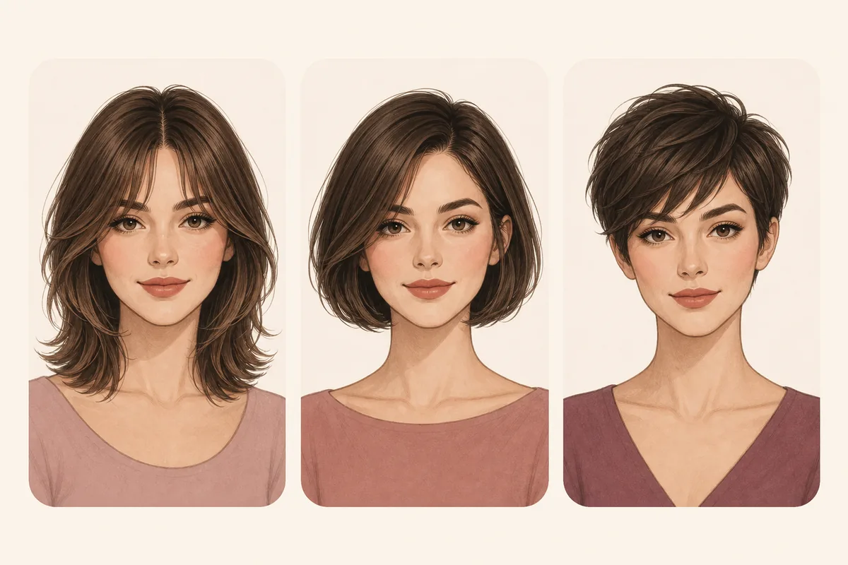 Comparison diagram of fringe, bob, lob, and long-layer options for a heart-shaped face