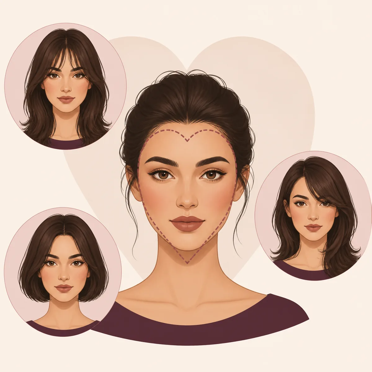 Editorial illustration of hairstyle silhouettes that balance a heart-shaped face