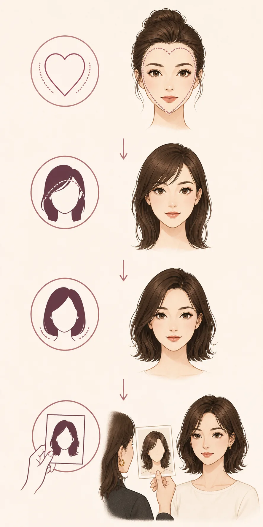 Editorial flow showing parting, face framing, and soft volume for a heart-shaped face