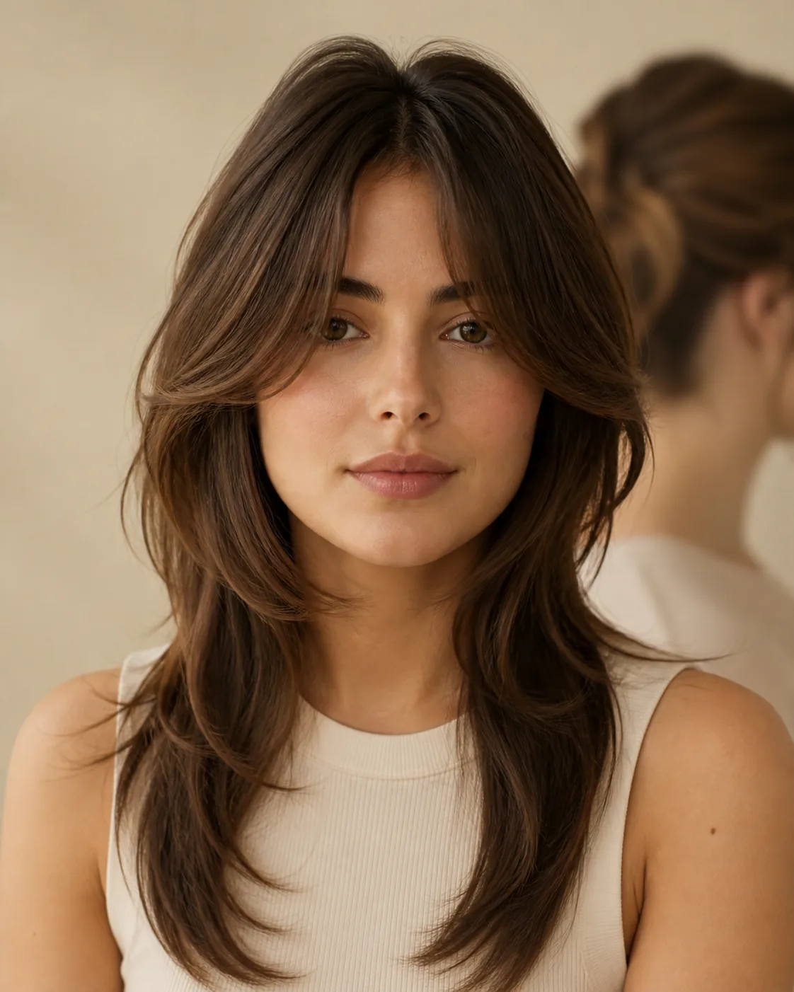 Long curtain fringe opening away from the face with soft face-framing layers