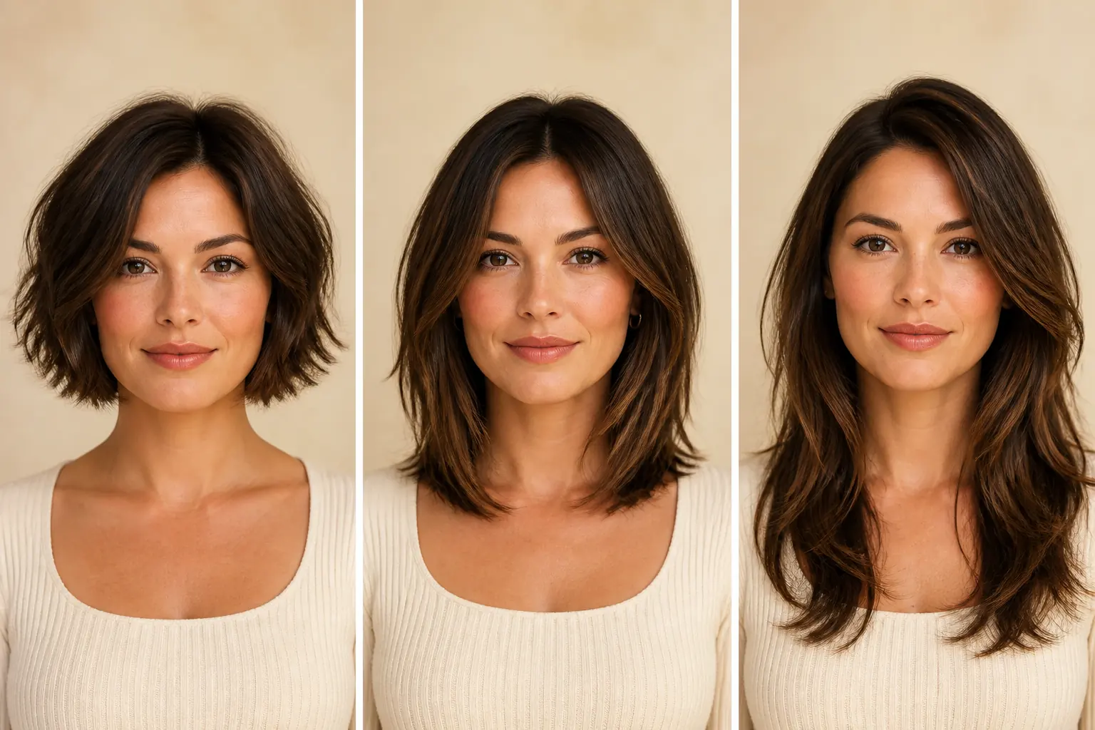 Three length options for a round face: textured bob, collarbone lob, and long face-framing layers
