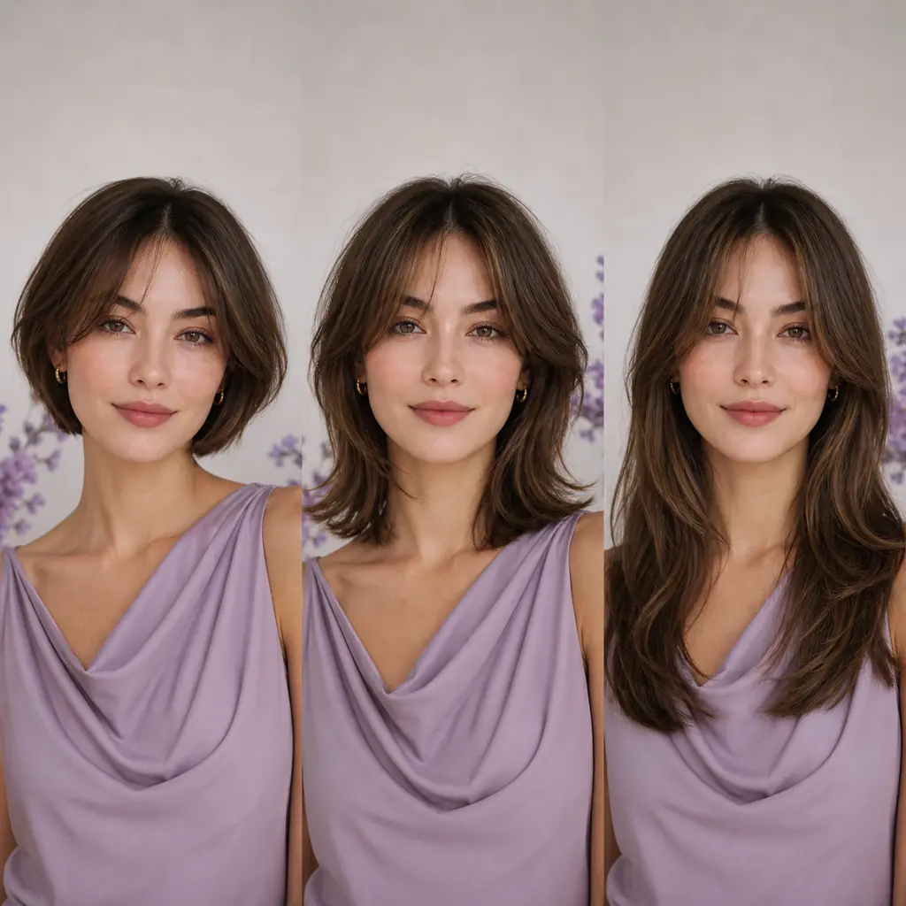 Three consistent hairstyle try-on results showing short, medium, and long hair for comparison