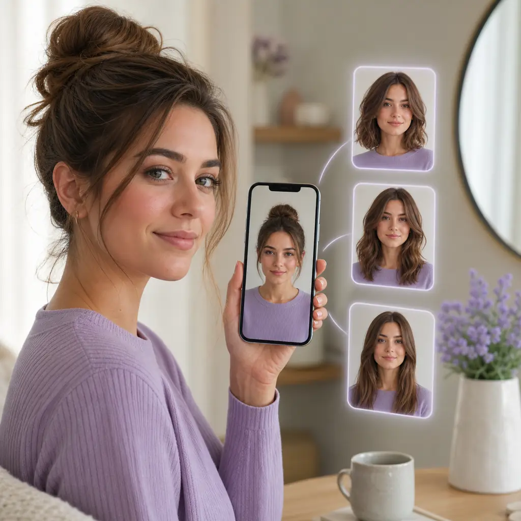 Person holding a phone with several hairstyle previews while trying on hairstyles with a picture