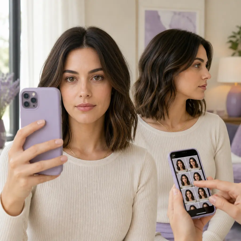 Front-facing selfie setup and side view used to prepare a photo for trying on hairstyles