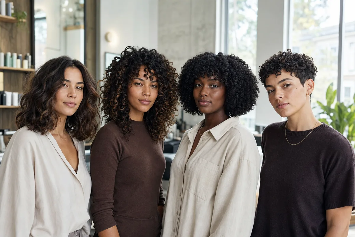 Four adults with wavy, spiral, coily and short curly haircuts
