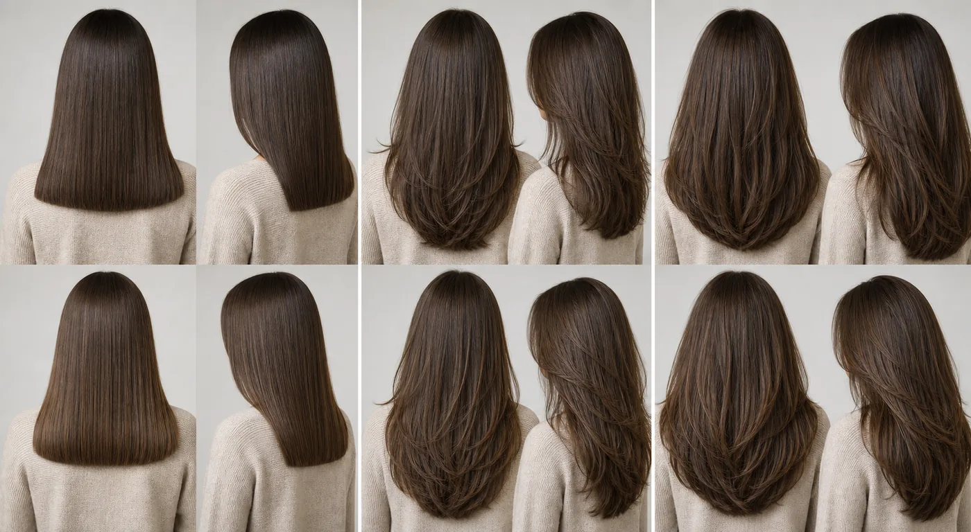 Straight haircut comparison showing blunt and layered perimeters at different densities