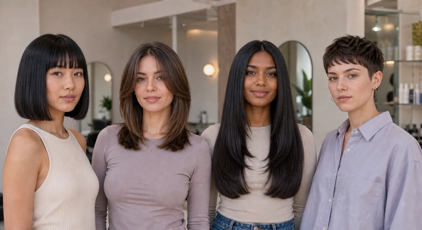 Four adults showing a blunt bob, shoulder layers, long straight layers and a short crop