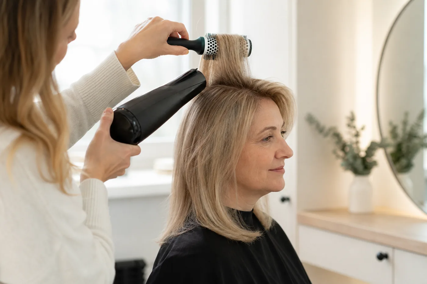 Stylist lifting fine hair at the roots with a round brush and blow dryer
