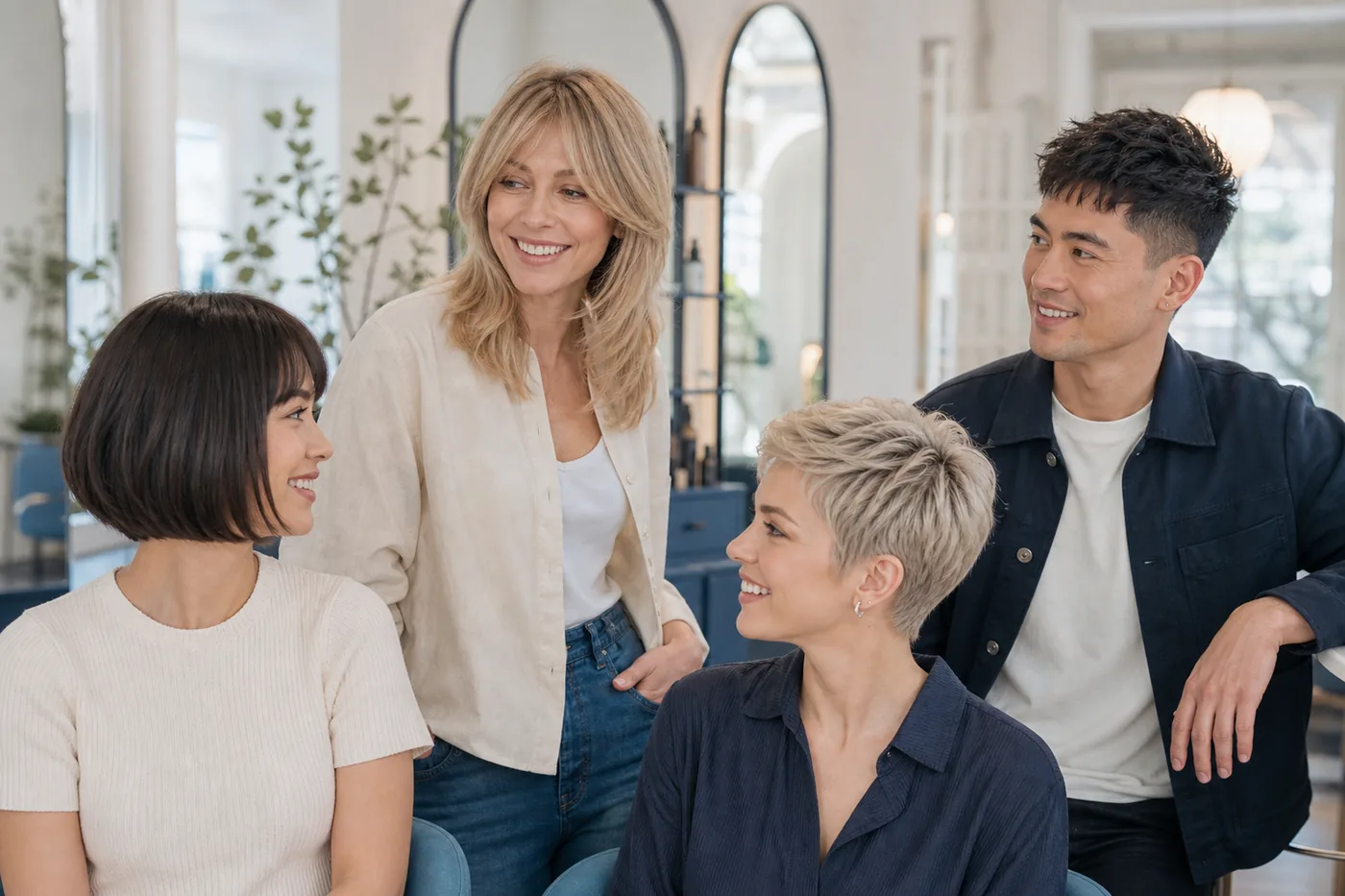 Four adults wearing volume-friendly hairstyles for thin and fine hair